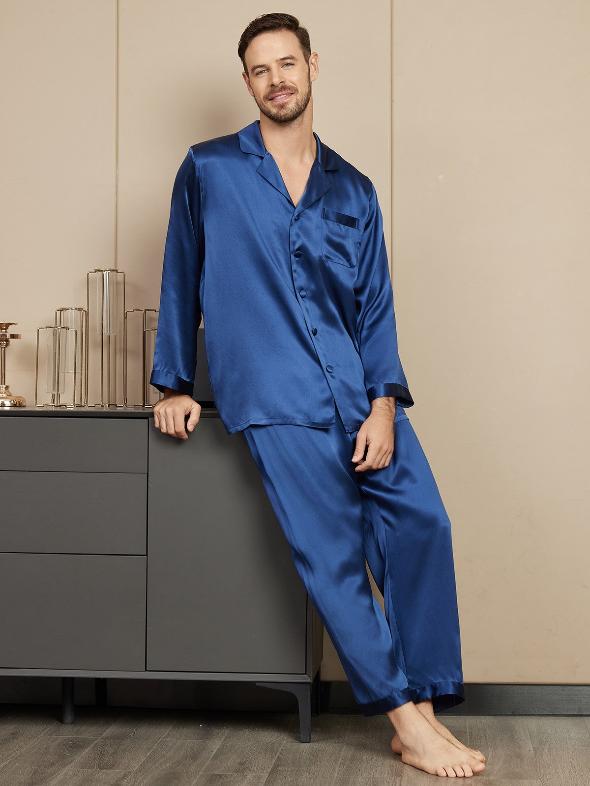 [Dark Blue] SilkSilky-CA Pure Silk Mens Pajamas 004