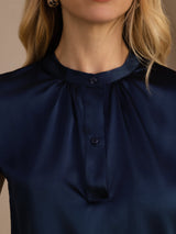 [Dark Blue] SilkSilky-CA Short Sleeve Split Women's Blouse 005
