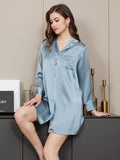 SilkSilky-CA Pure Silk Long Sleeve Lapel Nightshirt SteelBlue 004