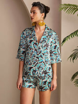 [Teal Botanical] SilkSilky-CA Half Sleeve Lapel Collar Women's Pajamas 003