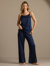 [Dark Blue] SilkSilky-CA 19Momme Machine-Washable Silk Spaghetti Strap Scoop Neck Camisole Set 004