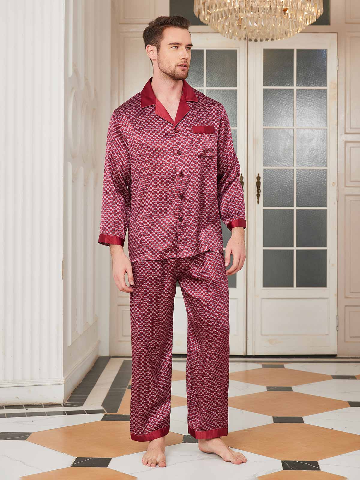 Pure Silk Printed Lapel Men‘s Pajama Set