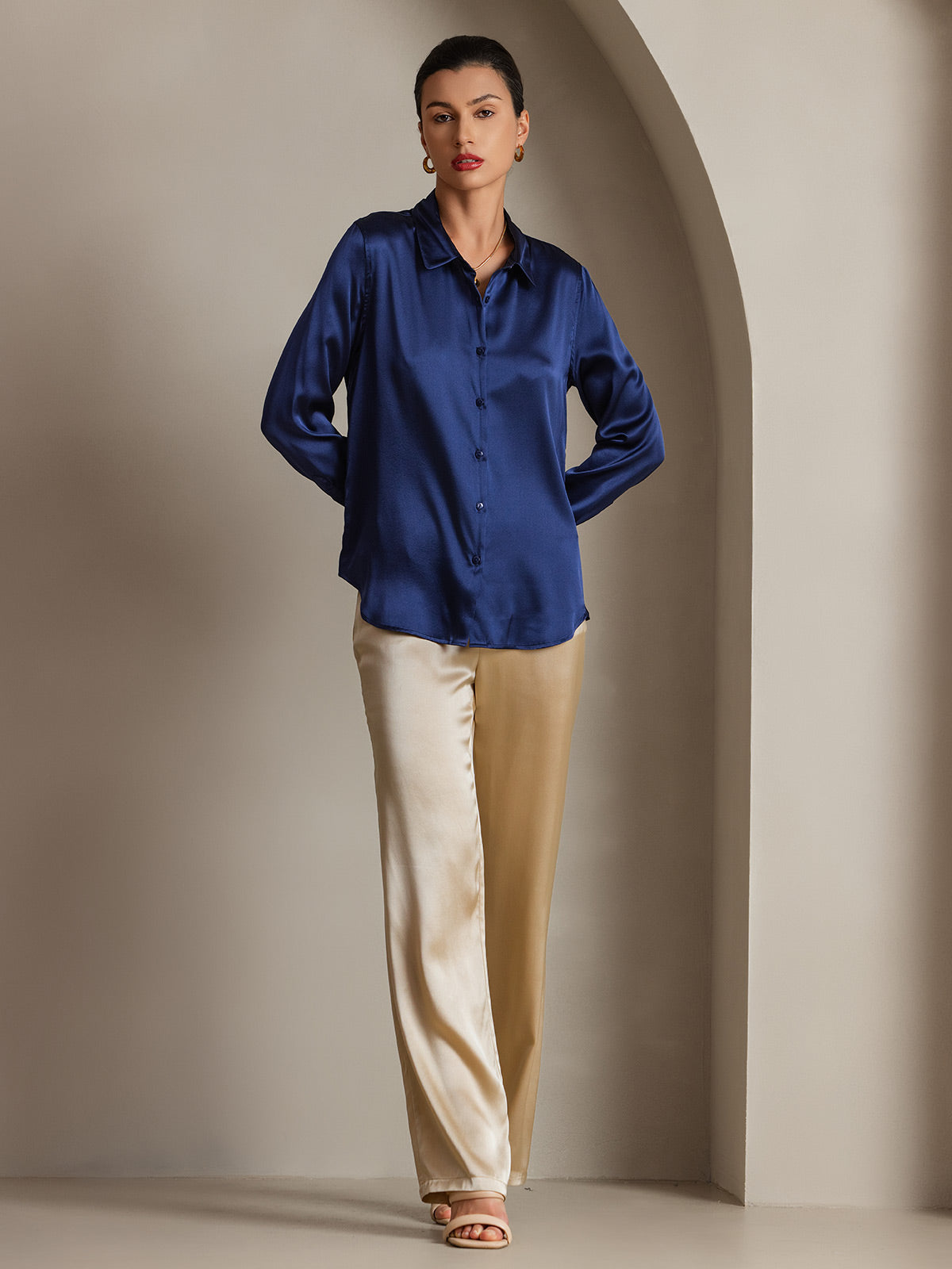 [Dark Blue] SilkSilky-CA Silk Long Sleeve Lapel Collar Women's Shirt 004