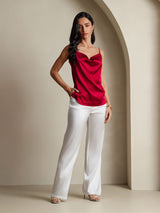 [Wine] SilkSilky-CA 19Momme Stretch Silk Charmeuse Spaghetti Strap Cowl Neck Camisole 008