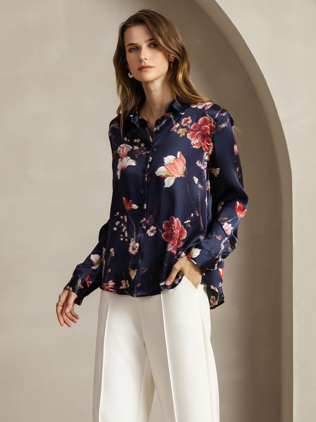 [Navy Floral] SilkSilky-CA Silk Lapel Collar Women's Shirt 004
