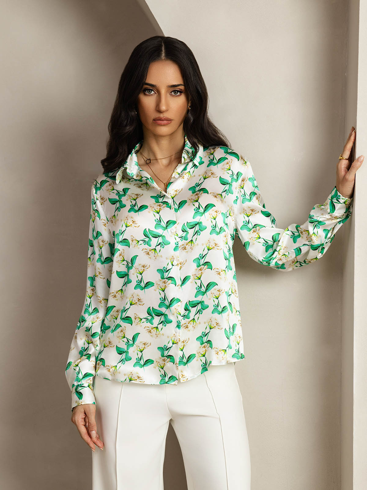 [Green Floral] SilkSilky-CA Silk Lapel Collar Women's Shirt 001