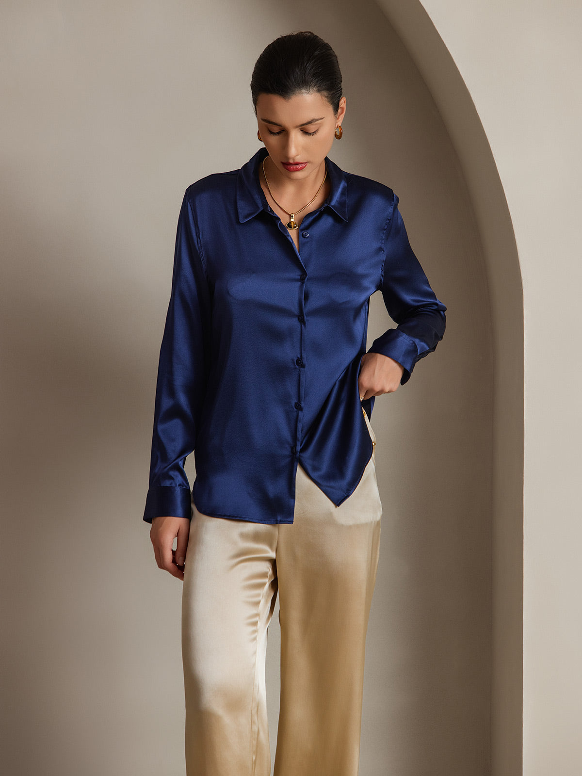 [Dark Blue] SilkSilky-CA Silk Long Sleeve Lapel Collar Women's Shirt 003
