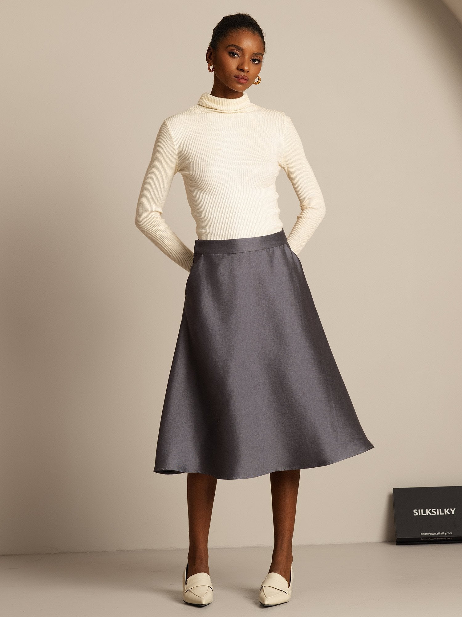 [Gray] SilkSilky-CA 32Momme Silk-Wool Blend Skirt 008,