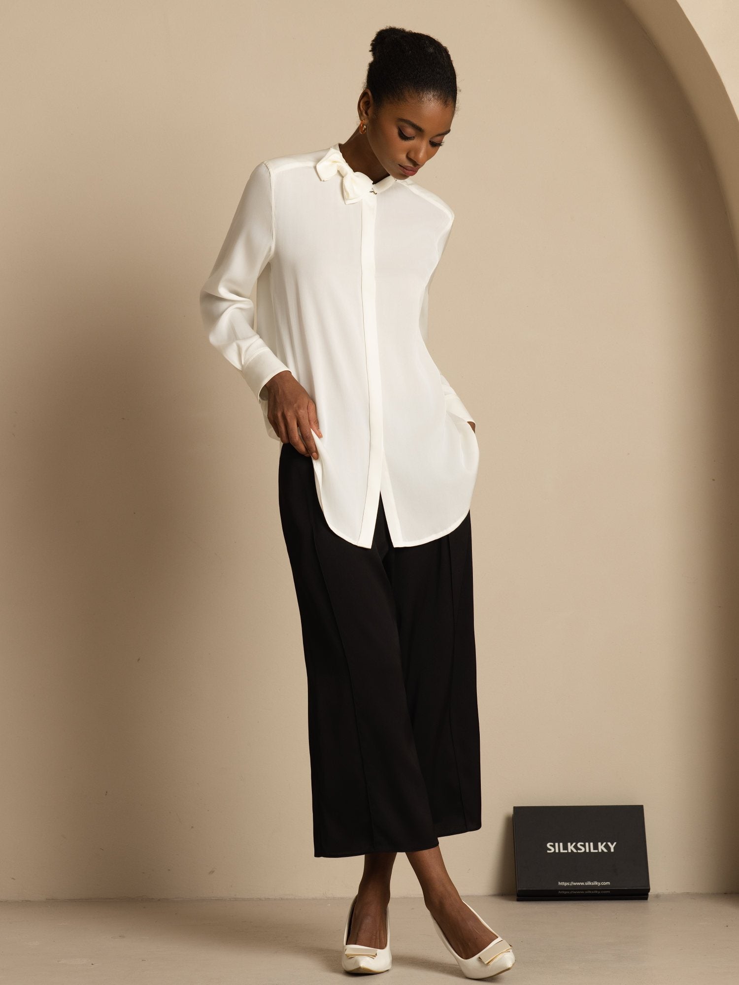 [White] SilkSilky-CA 19Momme Stretch Silk Double Georgette Long Sleeve Collar Blouse 006