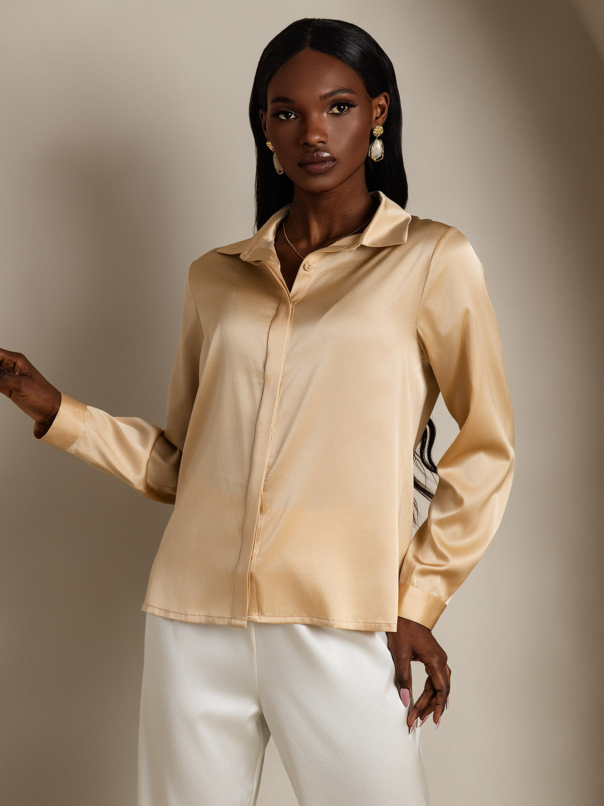 SilkSilky-CA 19Momme Silk Long Sleeve Collar Women's Shirt Champagne 004