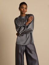 [Dark Gray] SilkSilky-CA 19Momme Stretch Silk Charmeuse Long Sleeve Round Neck Blouse 005