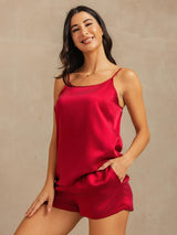 [Wine] SilkSilky-CA 19Momme Machine-Washable Silk Spaghetti Strap Round Neck Camisole Set 006