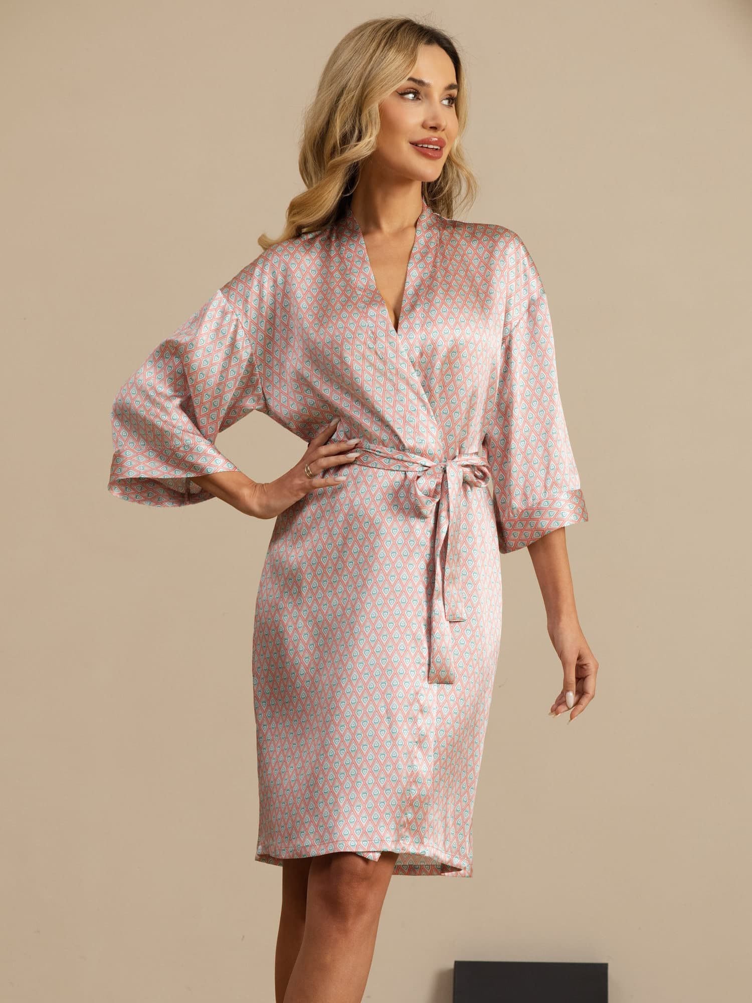 [PinkHeartGeo] SilkSilky-CA 3/4 Sleeve V Neck Women's Robe 003