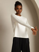 [White] SilkSilky-CA 100% Silk Jersey Long Sleeve Crew Neck Women's T-Shirt 007