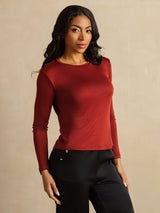 [Fired Brick] SilkSilky-CA 100% Silk Jersey Long Sleeve Crew Neck Women's T-Shirt 007
