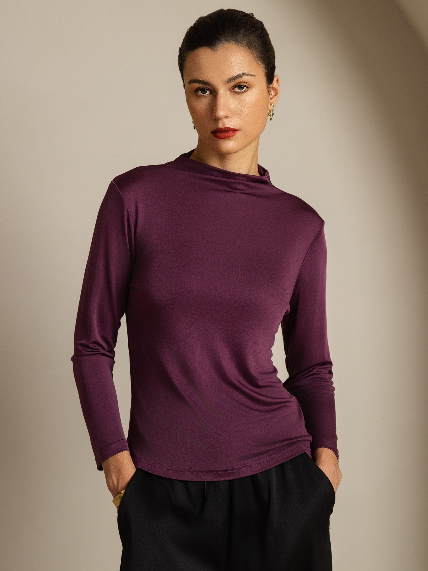 [Purple] SilkSilky-CA Pure Silk High Neck Women's T-Shirt 001