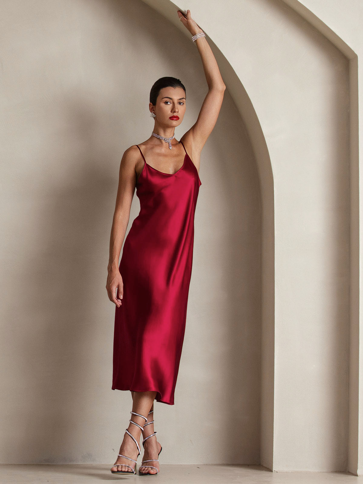 SilkSilky-CA Pure Silk Sleeveless Round Neck Dress Wine 007