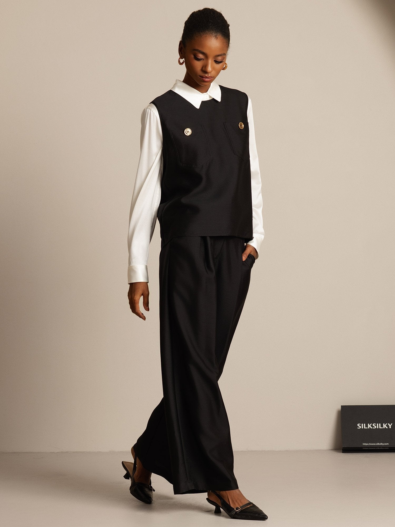 [Black] SilkSilky-CA 32Momme Silk-Wool Blend Womens Vest 006,