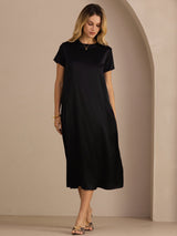 [Black] SilkSilky-CA Short Sleeve Round Neck Dress 003
