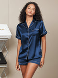 SilkSilky CA Pure Silk Short Sleeve Lapel Women's Pajamas DarkBlue 004