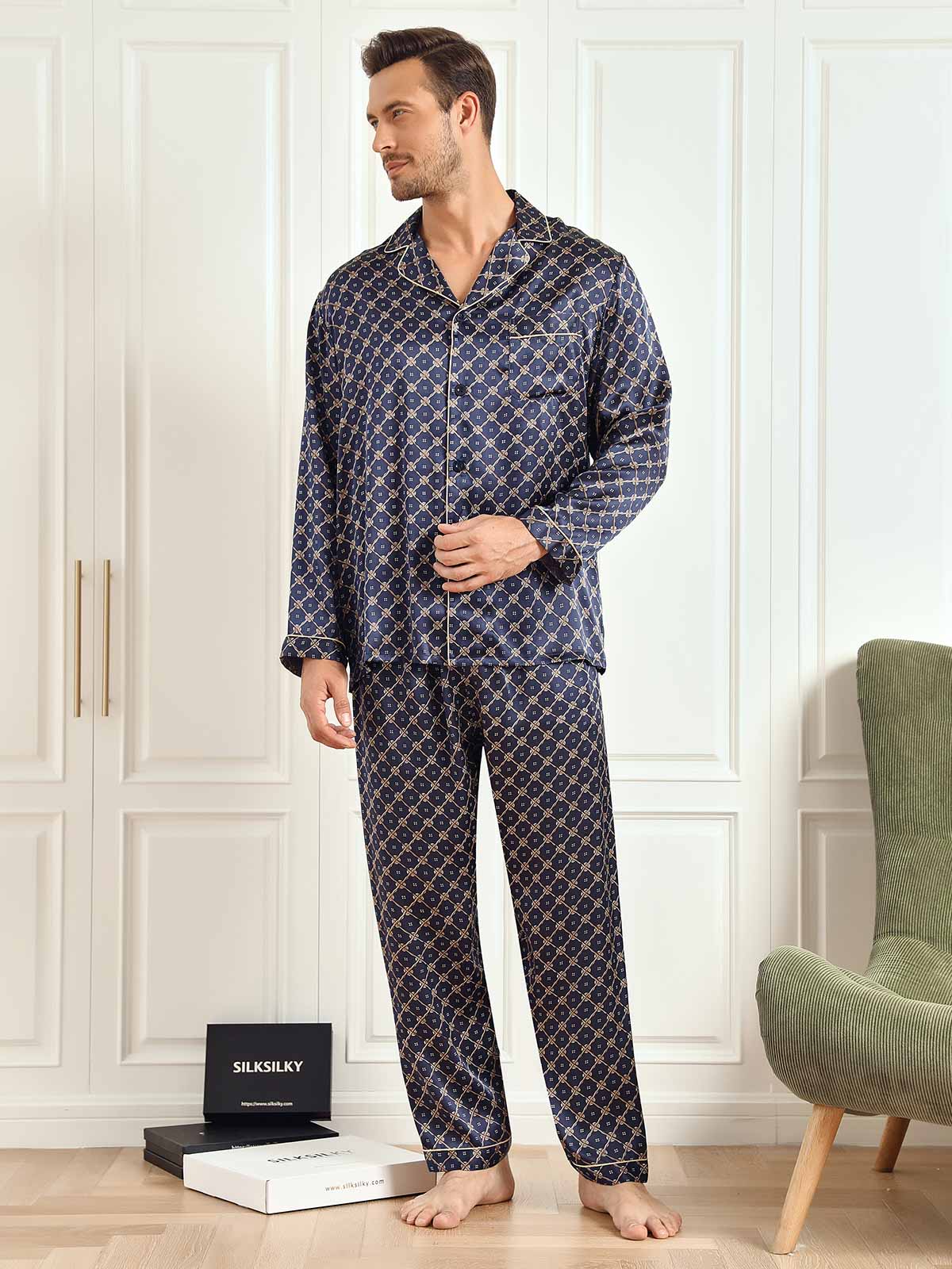 SilkSilky CA 19Momme Pure Silk Long Sleeve Lapel Men's Pajamas DarkBlue 006