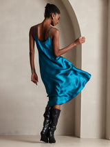 [Teal] SilkSilky-CA Spaghetti Strap V Neck Dress 002