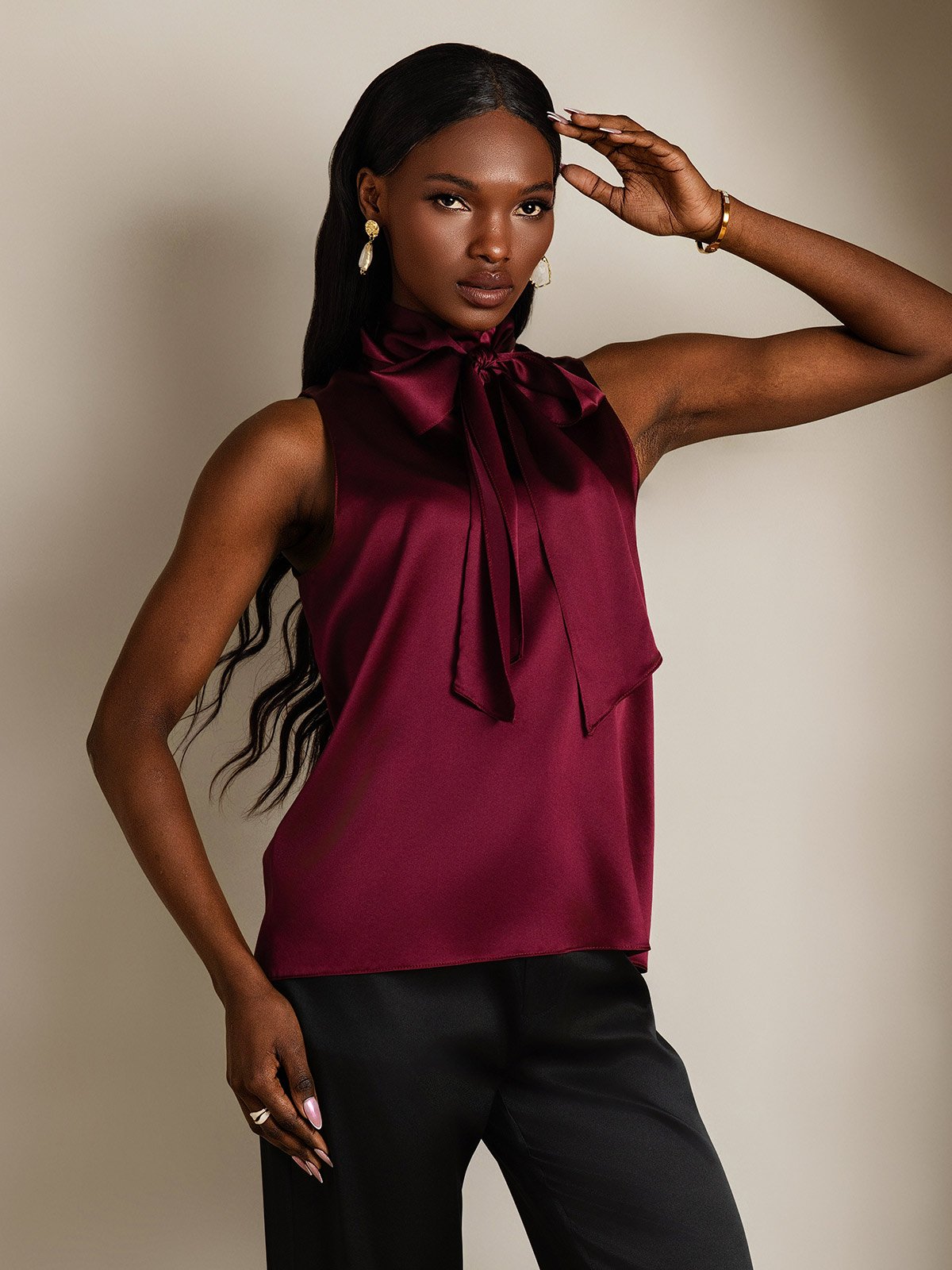 SilkSilky-CA 19Momme Silk Tie Neck Women's Shirt DarkRed 004