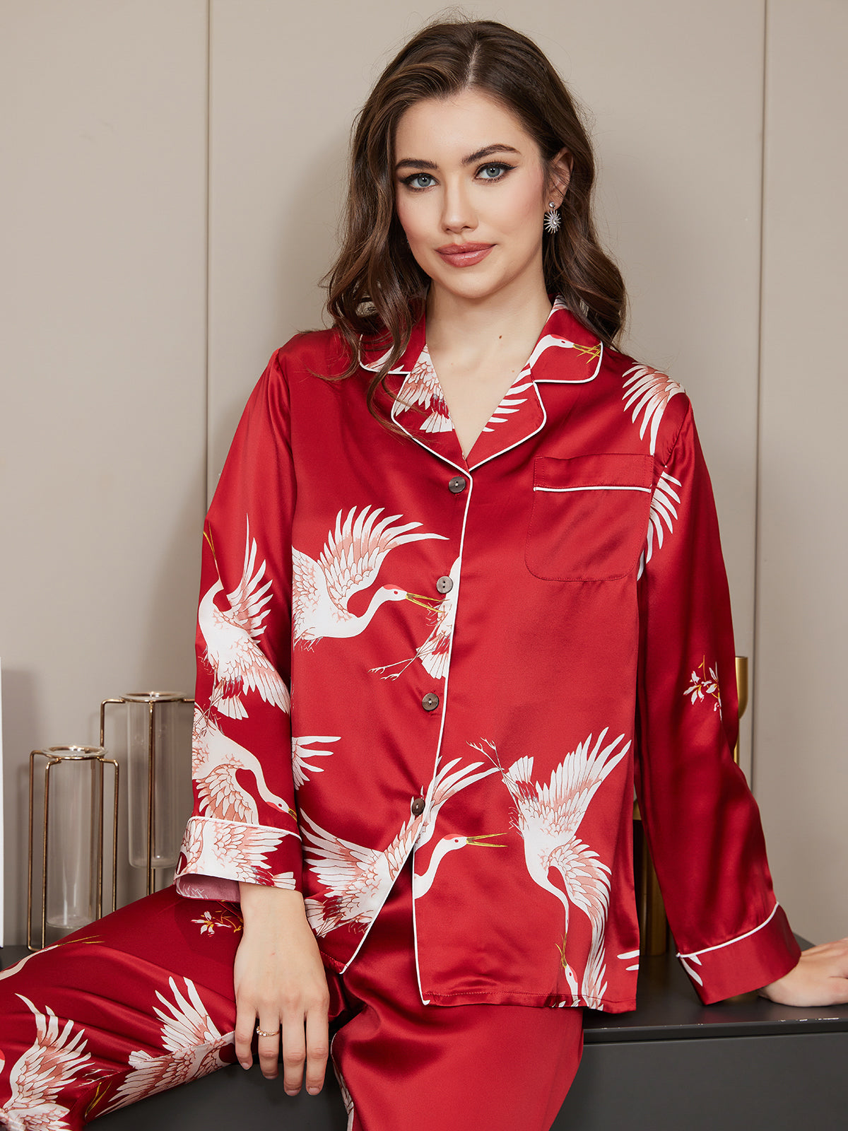 SilkSilky-CA 19Momme Pure Silk Long Sleeve Lapel Women's Pajamas DarkRed 005