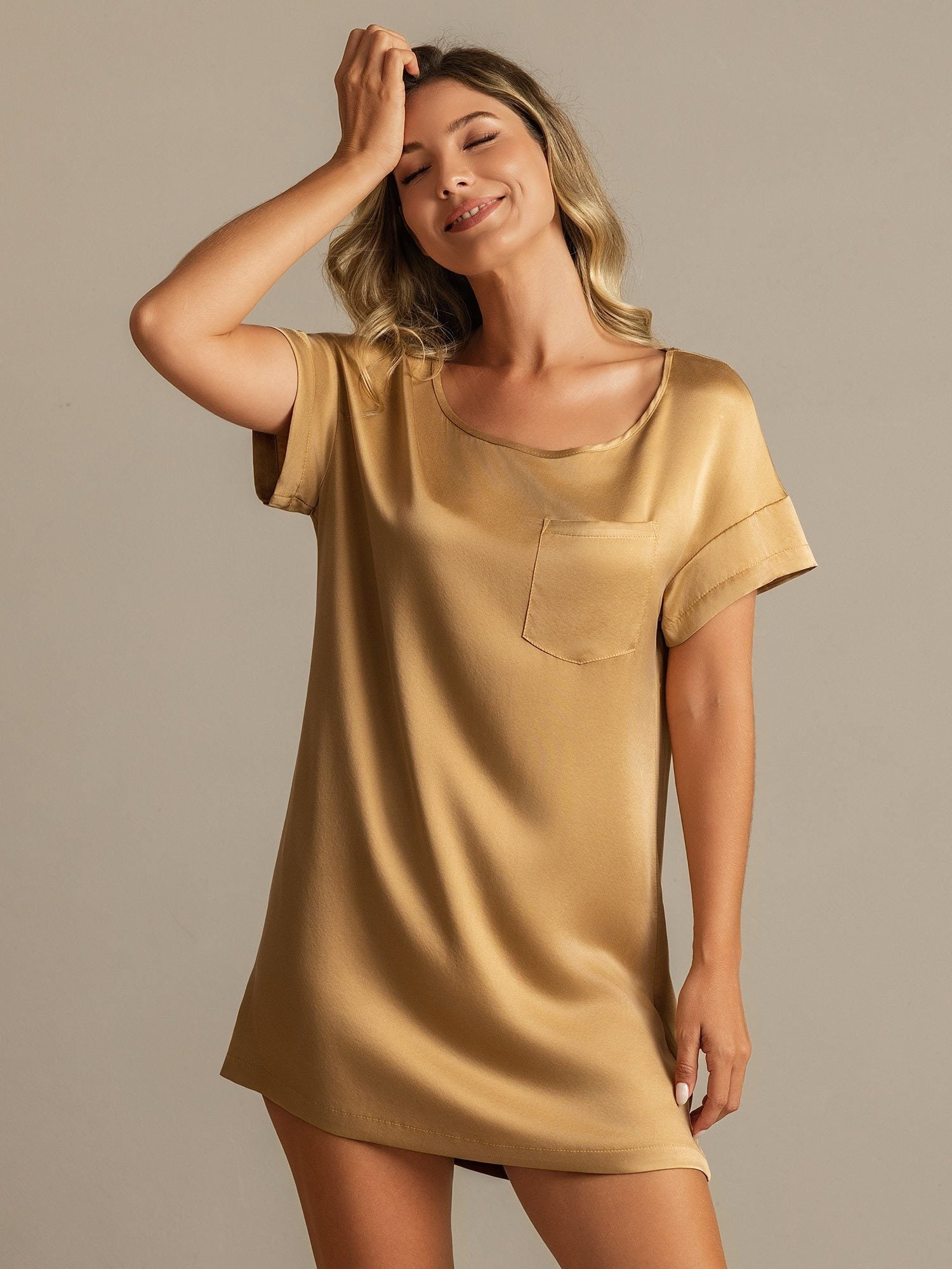 [Tan] SilkSilky-CA 19Momme Silk Round Neck Nightgown 007