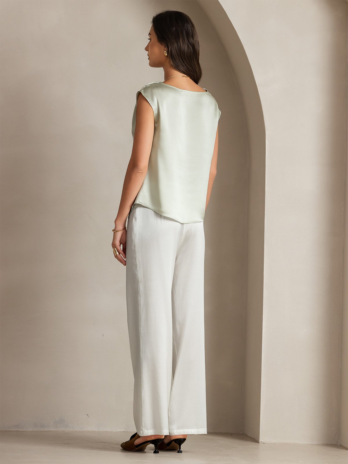 [Light Green] SilkSilky-CA 19Momme Silk Cap Sleeve Cowl Neck Women's T-Shirt 002