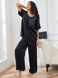 SilkSilky CA Pure Silk Short Sleeve V Neck Women's Pajamas Black 001