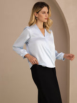 [Light Blue] SilkSilky-CA Long Sleeve Wrap Women's Blouse 004