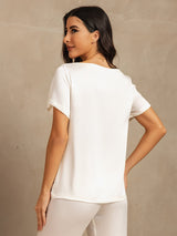 [White] SilkSilky-CA 19Momme Machine-Washable Silk Short Sleeve Women's Pajamas 002