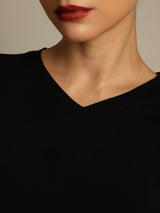 [Black] SilkSilky-CA 100% High-Twist Silk Jersey Short Sleeve V Neck Women's T-Shirt 004