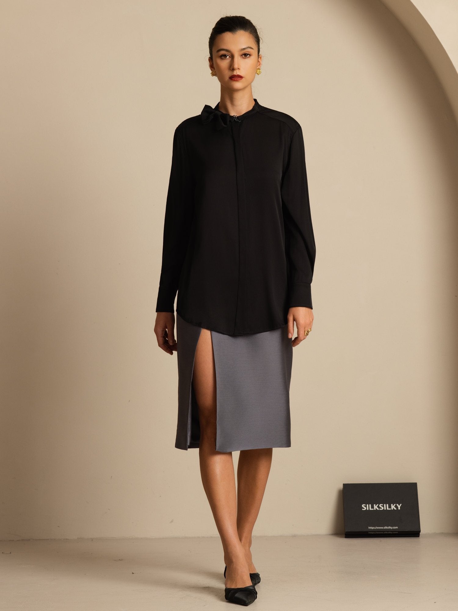 [Black] SilkSilky-CA 19Momme Stretch Silk Double Georgette Long Sleeve Collar Blouse 008