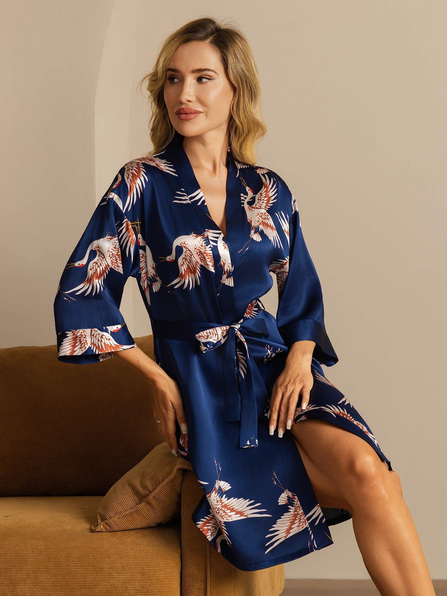 [DarkBlue] SilkSilky-CA 19Momme Pure Silk Wrap Women's Robe 001