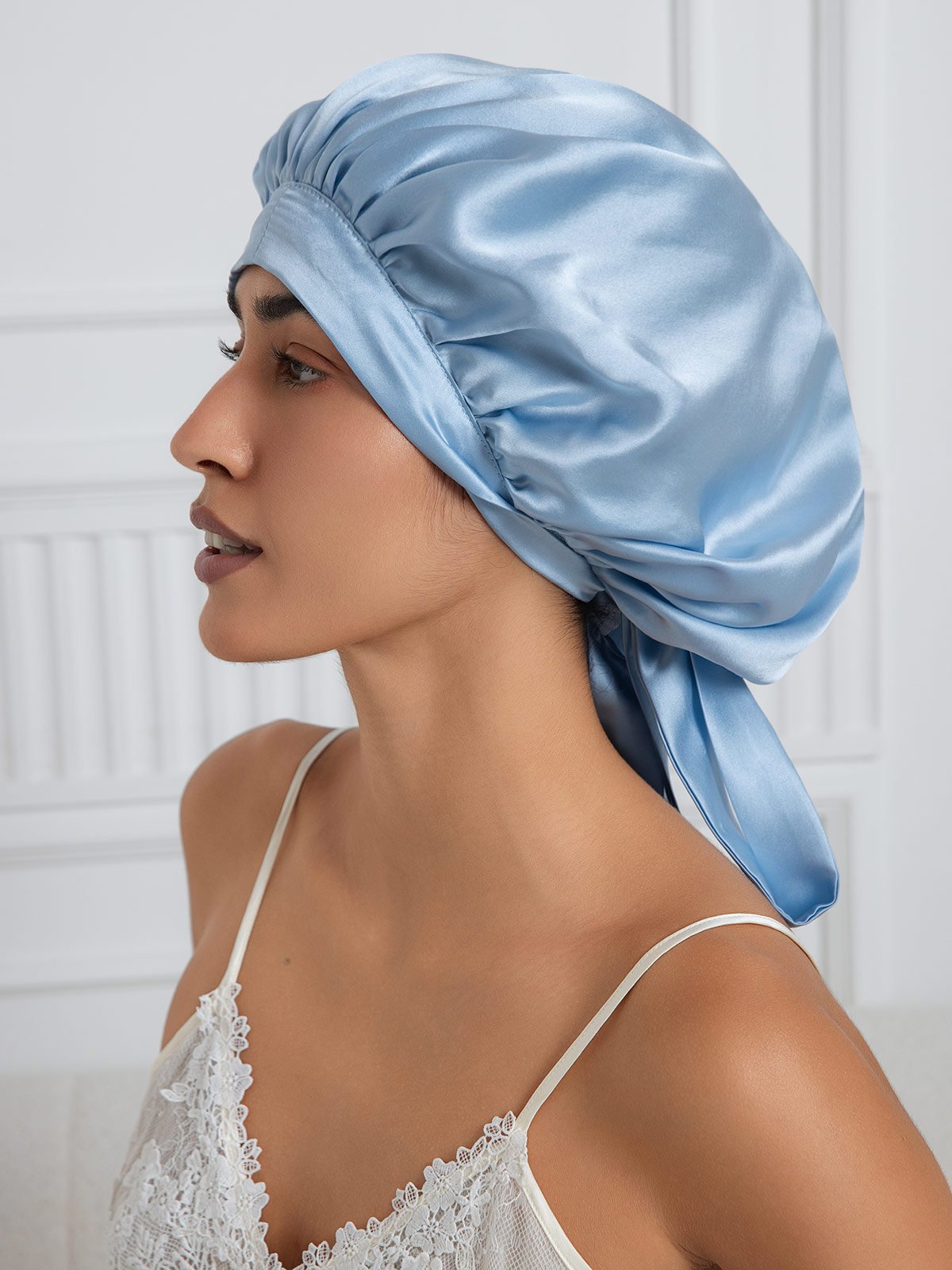 SilkSilky-CA Pure Silk Sleep Cap LightBlue 002