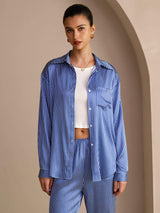 [Blue Pinstripe] SilkSilky-CA Long Sleeve Lapel Collar Women's Outfit Sets 004