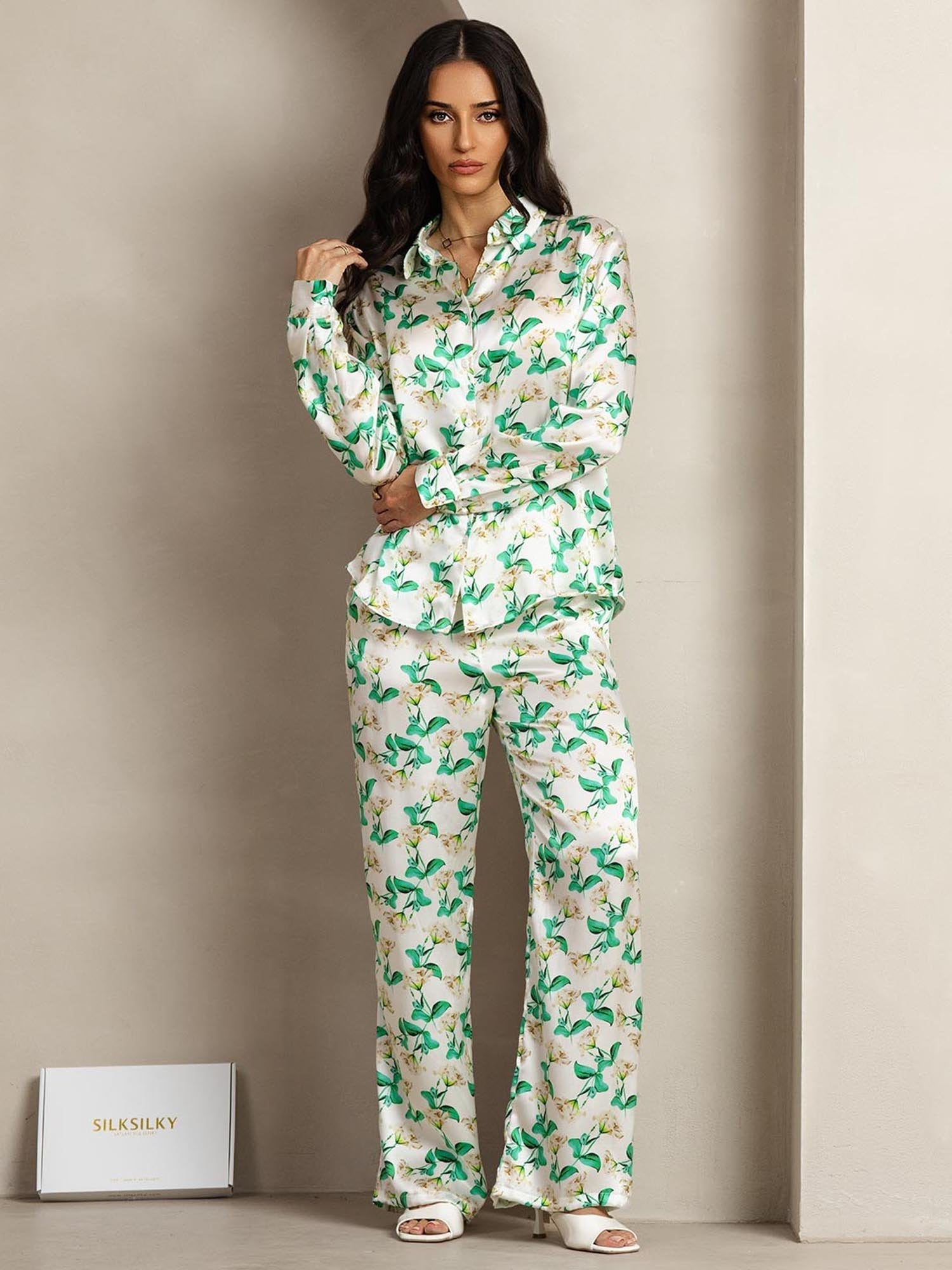 [Green Floral] SilkSilky-CA 19Momme Silk Lapel Collar Women''s Outfit Sets 004