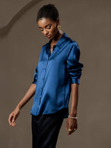 [Teal] SilkSilky-CA Long Sleeve Lapel Collar Women's Shirt 006