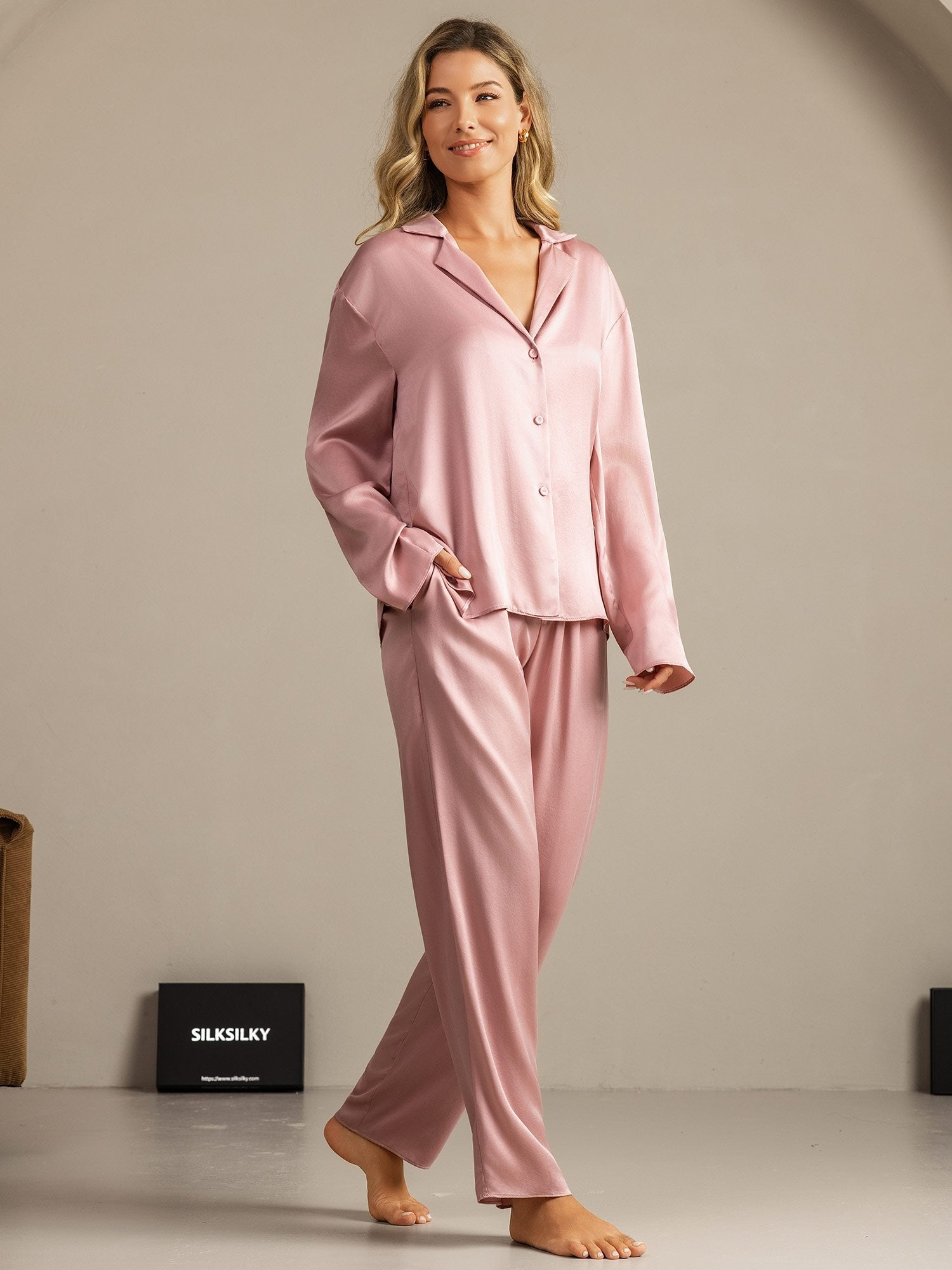 [Peach Skin] SilkSilky-CA 19Momme Machine-Washable Silk Long Sleeve Notch Collar Women's Pajamas 006