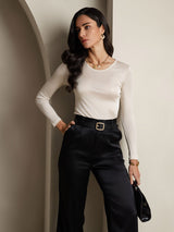 [Beige] SilkSilky-CA Silk Jersey Long Sleeve Round Neck Women's T-Shirt 006
