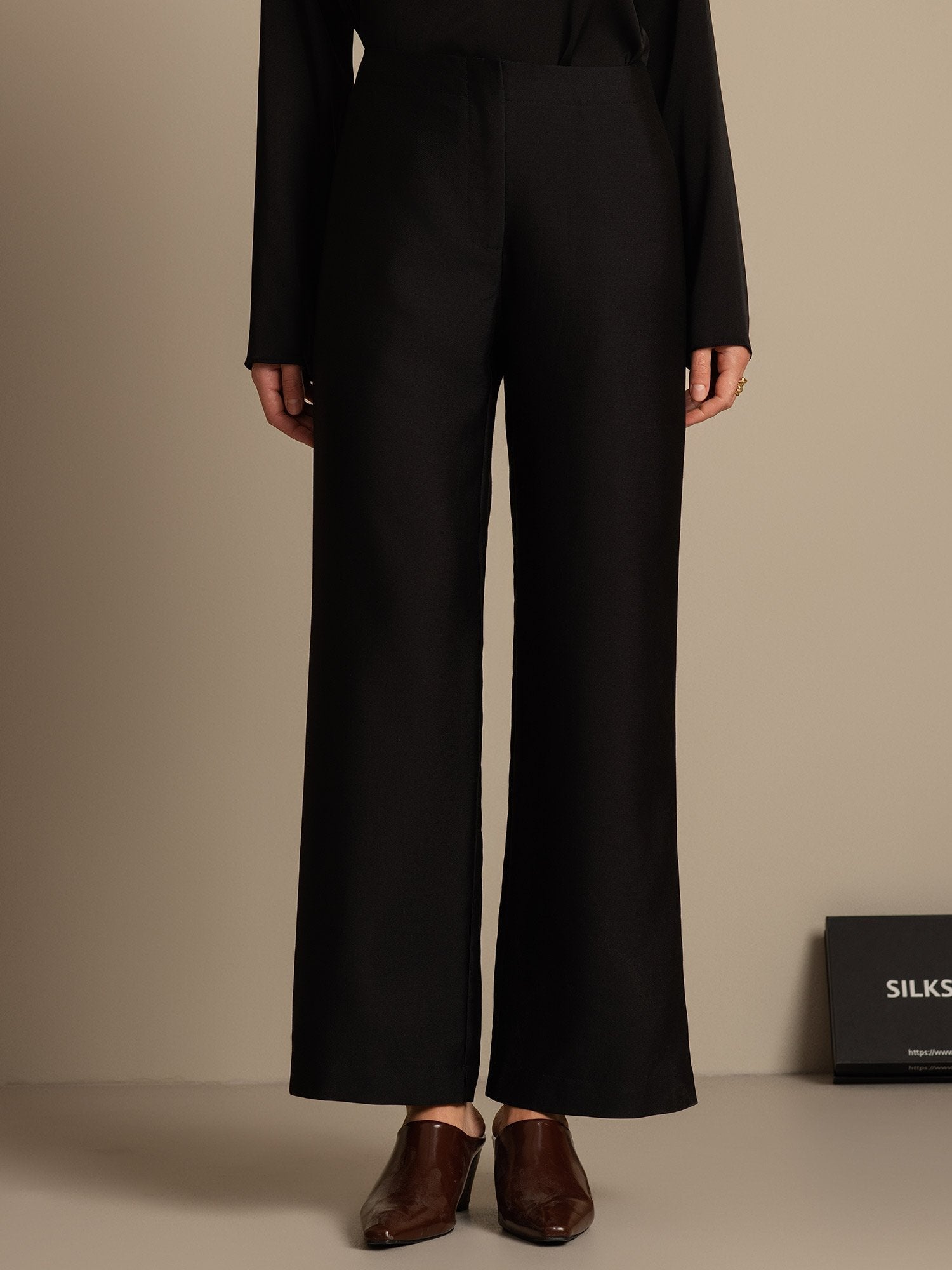 [Black] SilkSilky-CA 32Momme Silk-Wool Blend Womens Pants 001,