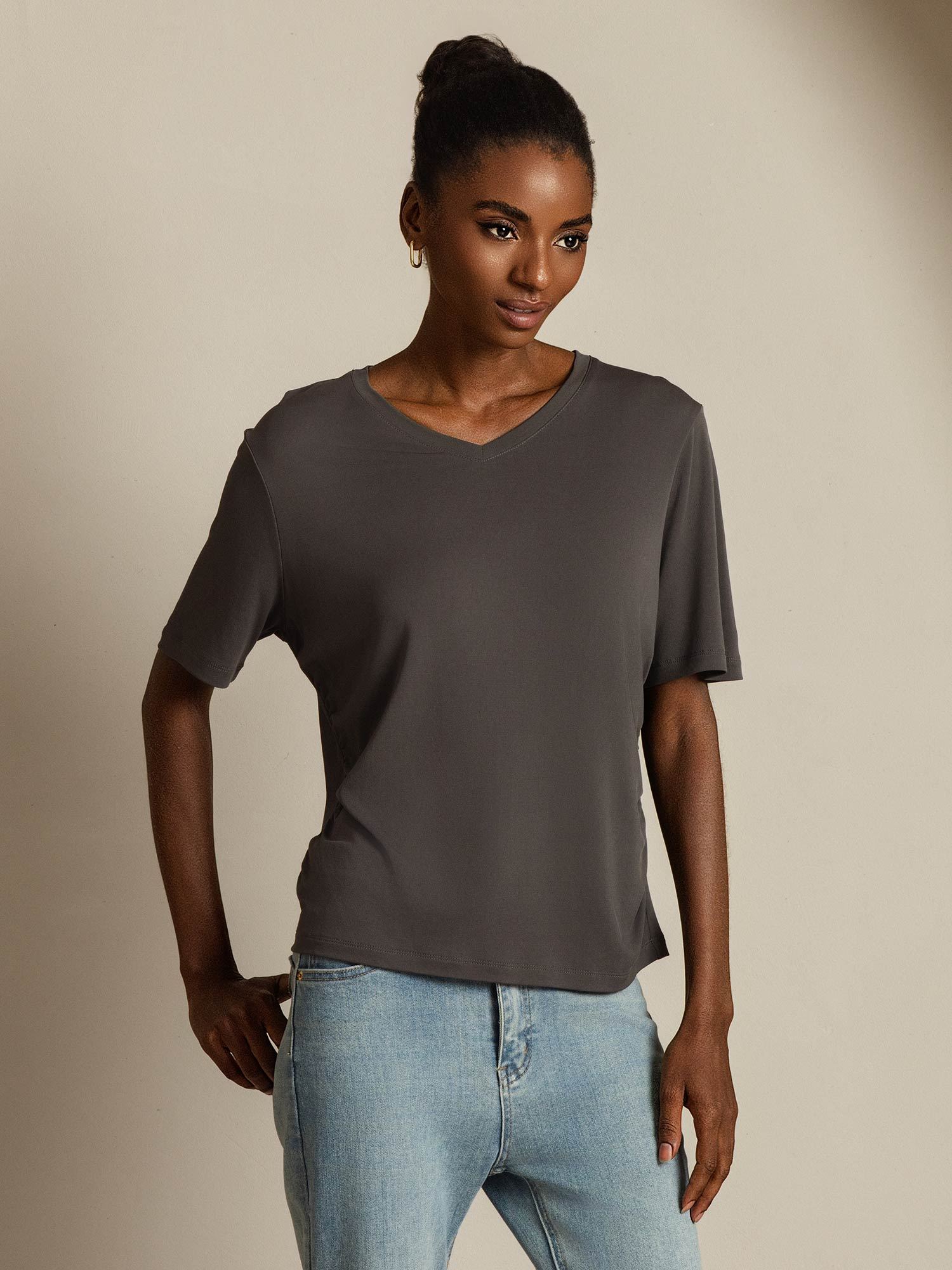 [Gray] SilkSilky-CA Pure Silk V Neck Women's T-Shirt 006