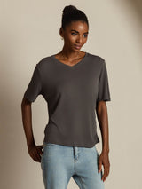 [Gray] SilkSilky-CA 100% High-Twist Silk Jersey Short Sleeve V Neck Women's T-Shirt 006