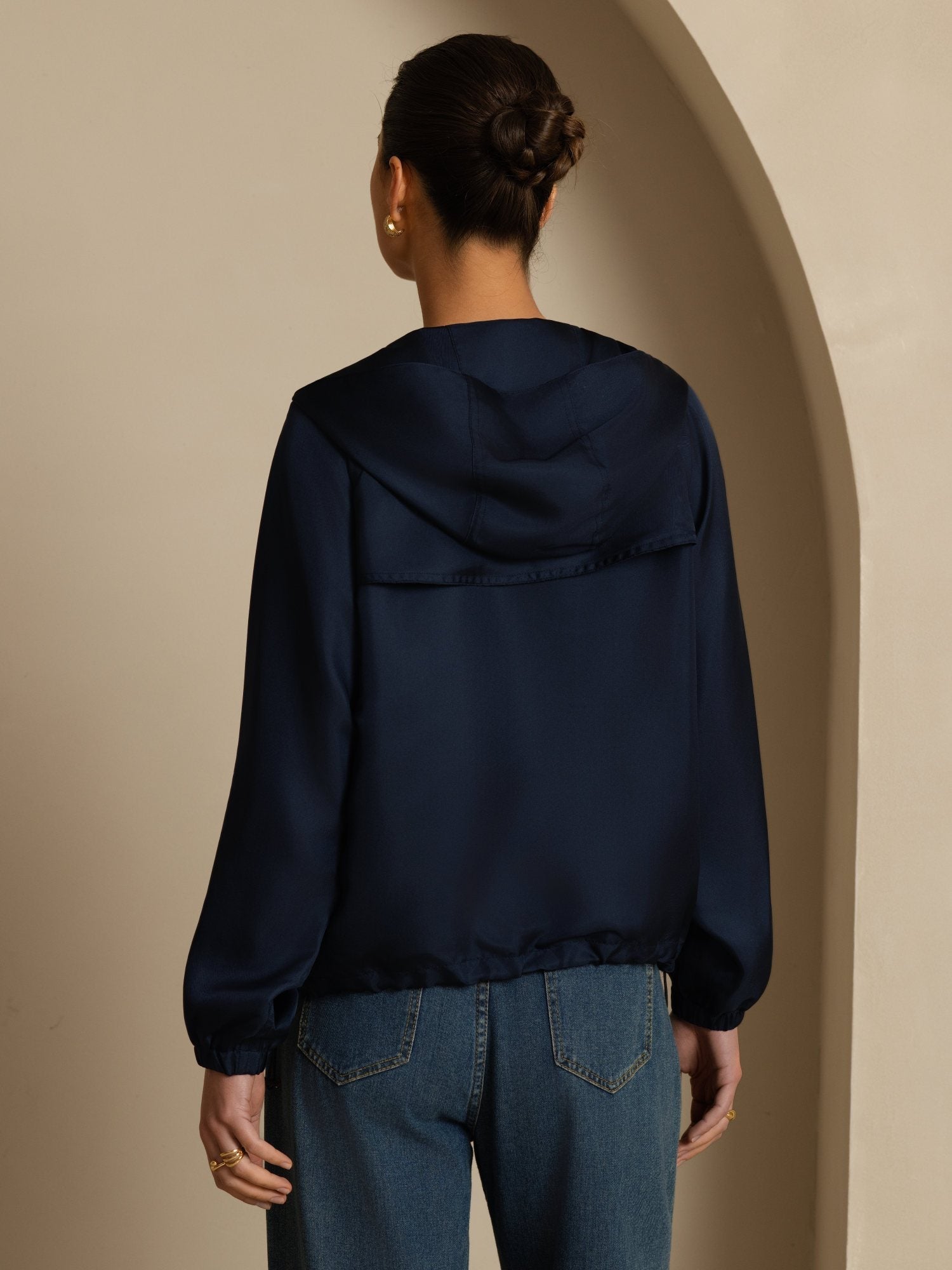 [DarkBlue] SilkSilky-CA Silk Satin Surah Long Sleeve High Neck Women's Outerwear 002