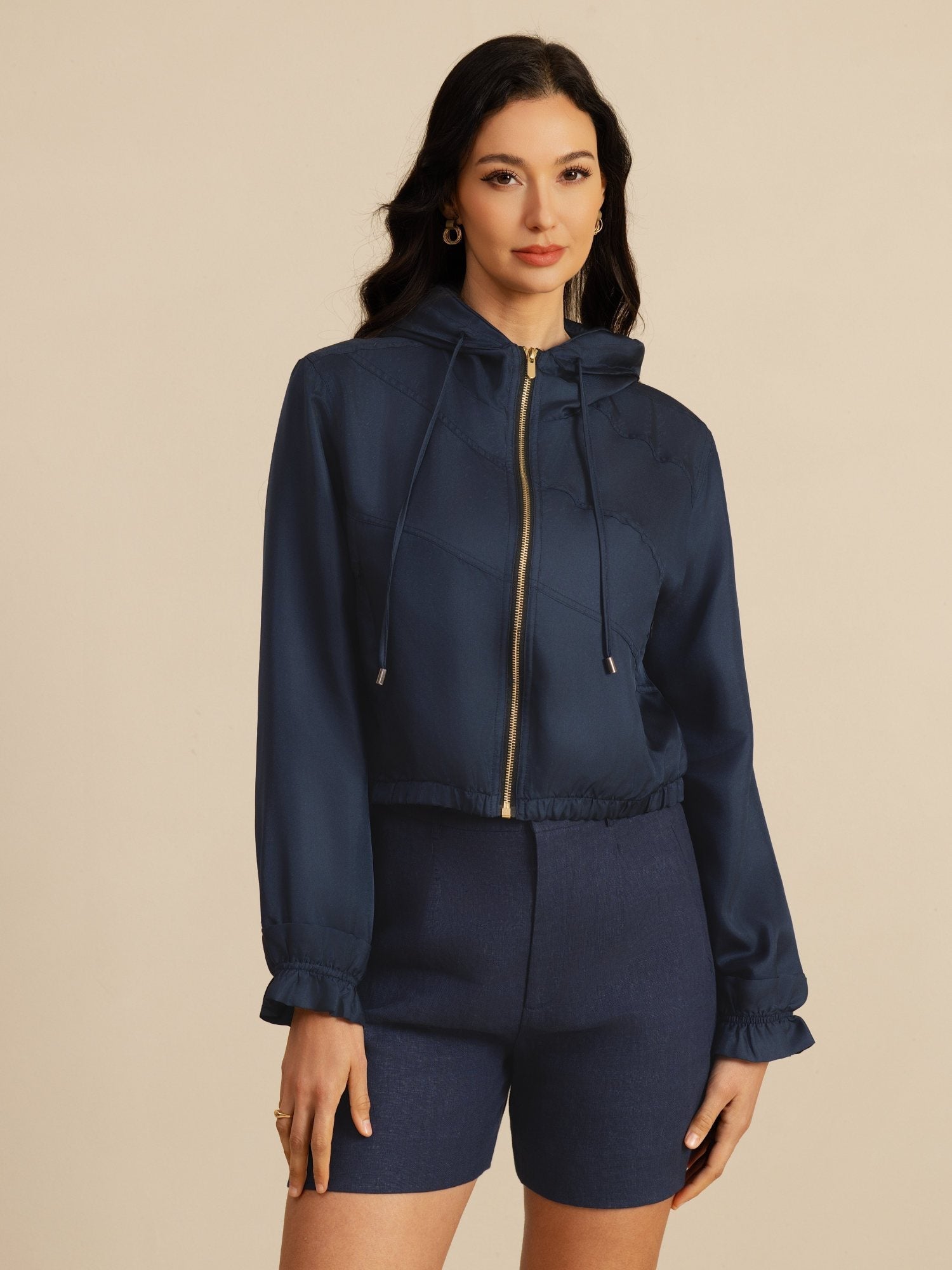 [DarkBlue] SilkSilky-CA 18Momme Silk Satin Surah Long Sleeve High Neck Women's Outerwear 004