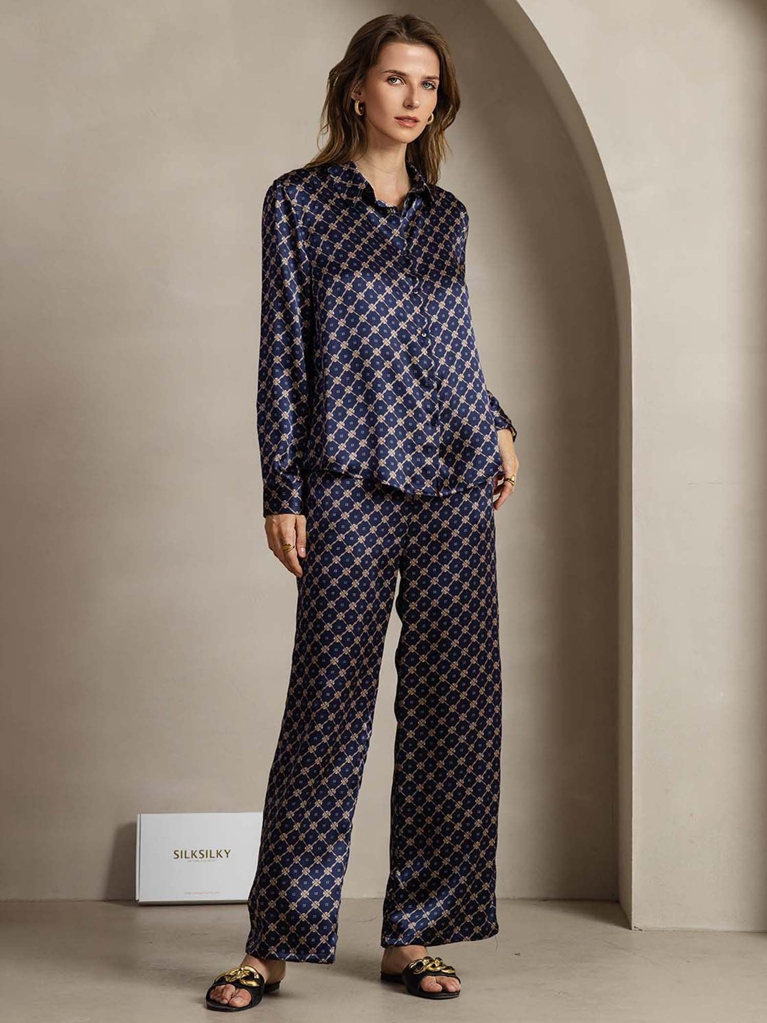 [Navy Chain] SilkSilky-CA 19Momme Silk Lapel Collar Women''s Outfit Sets 001