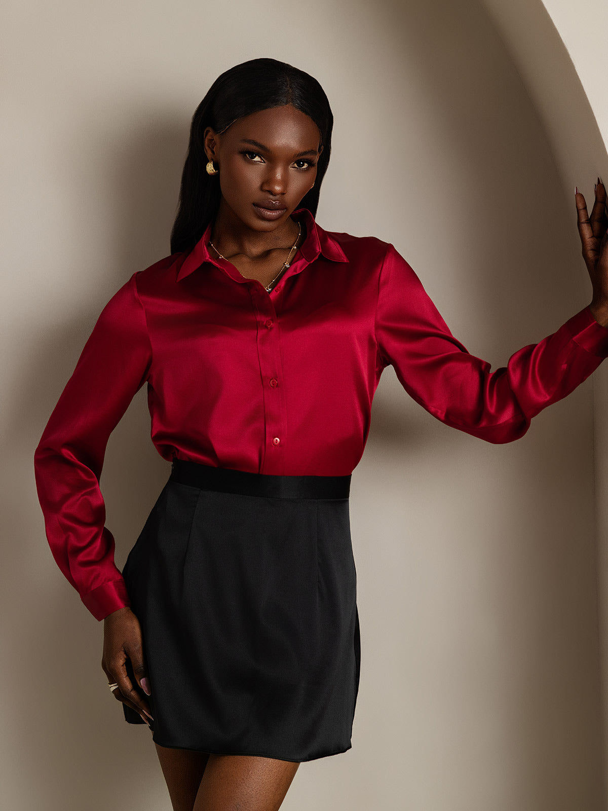 SilkSilky-CA 19Momme Silk Long Sleeve Collar Women's Shirt Wine 007