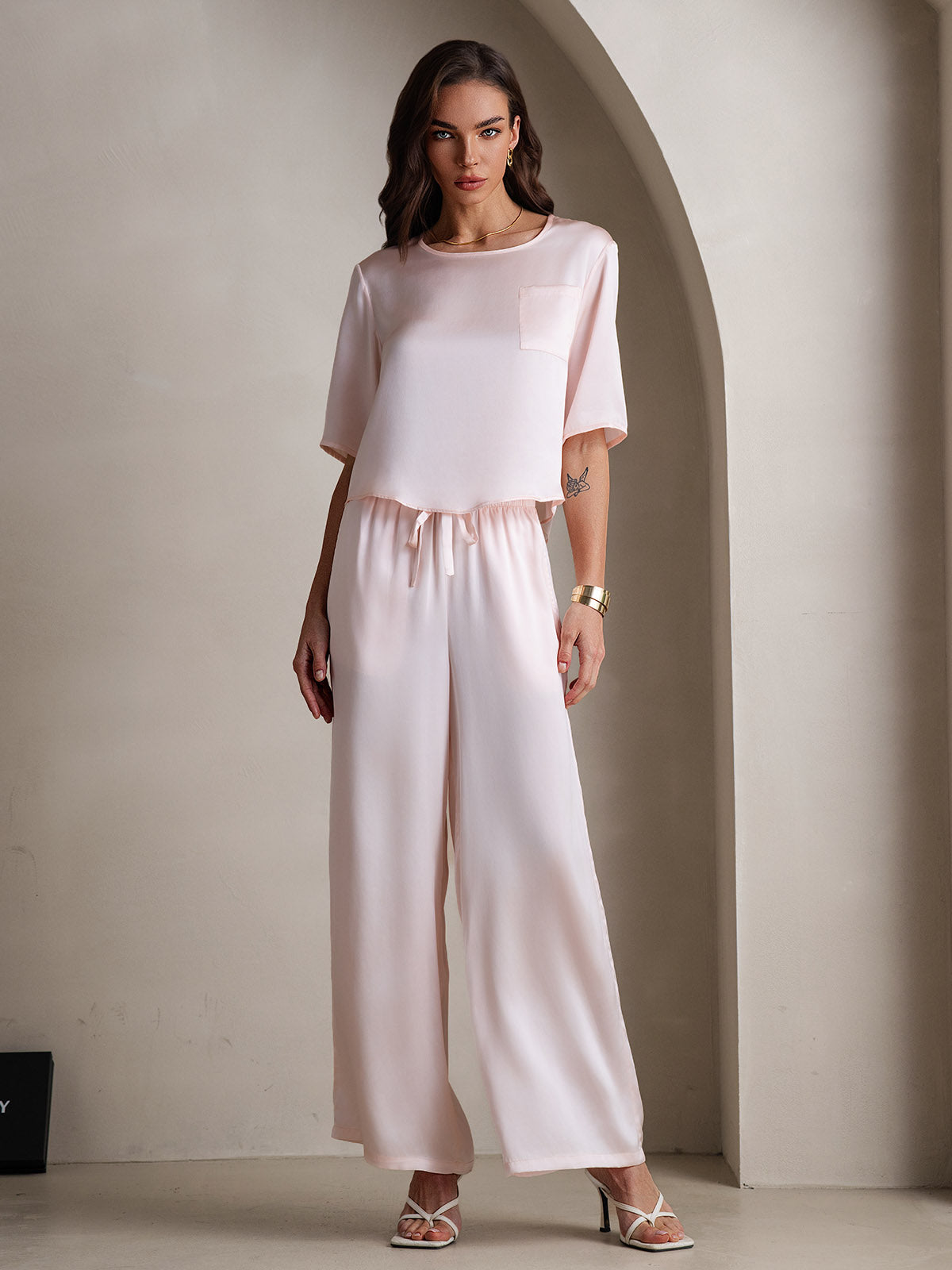 [Pink] SilkSilky-CA Pure Silk Round Neck Women's Pajamas 001